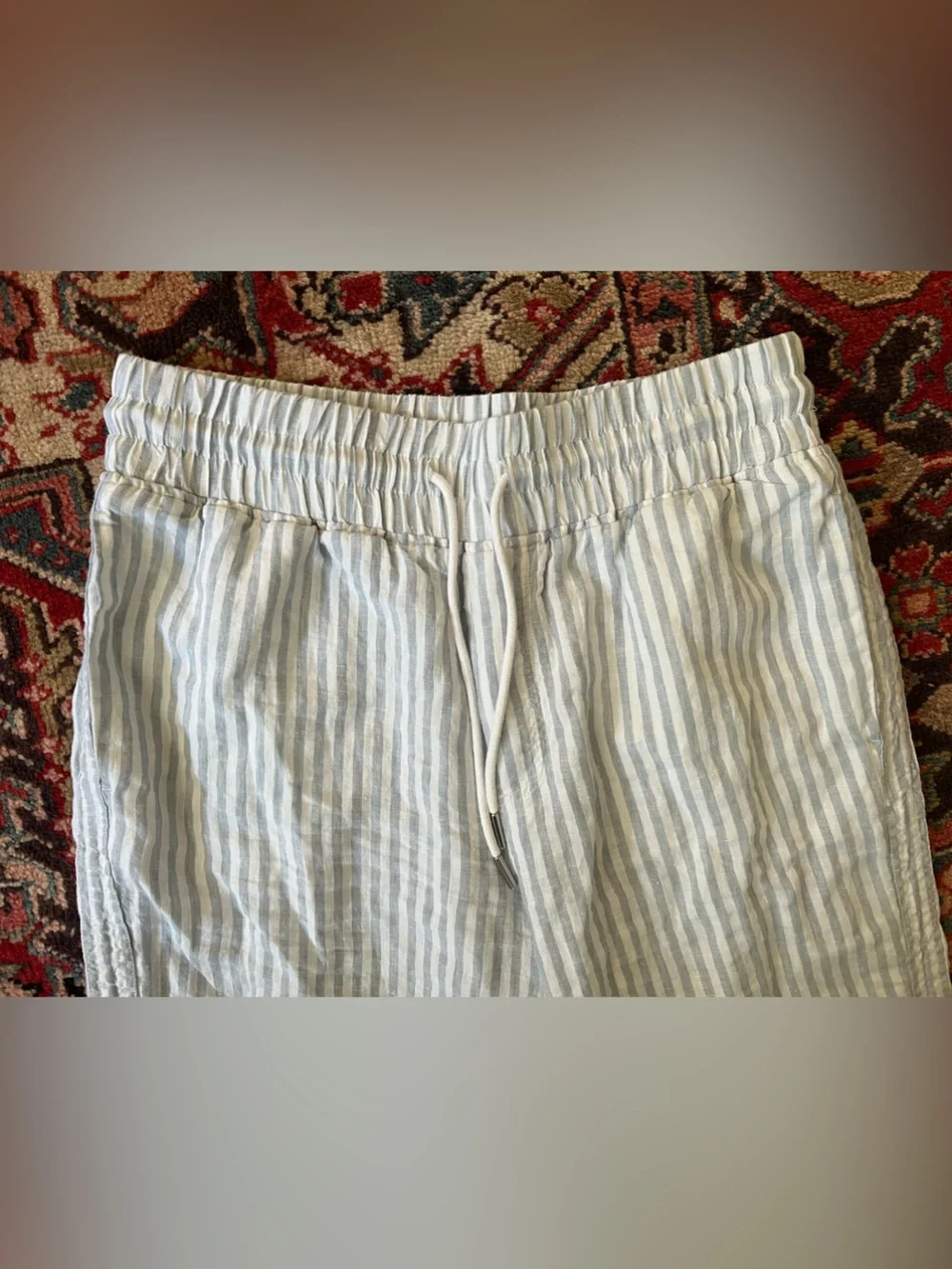 Quince 100% European Linen Wide Leg Pants in Sky blue Mariner Stripes— Large